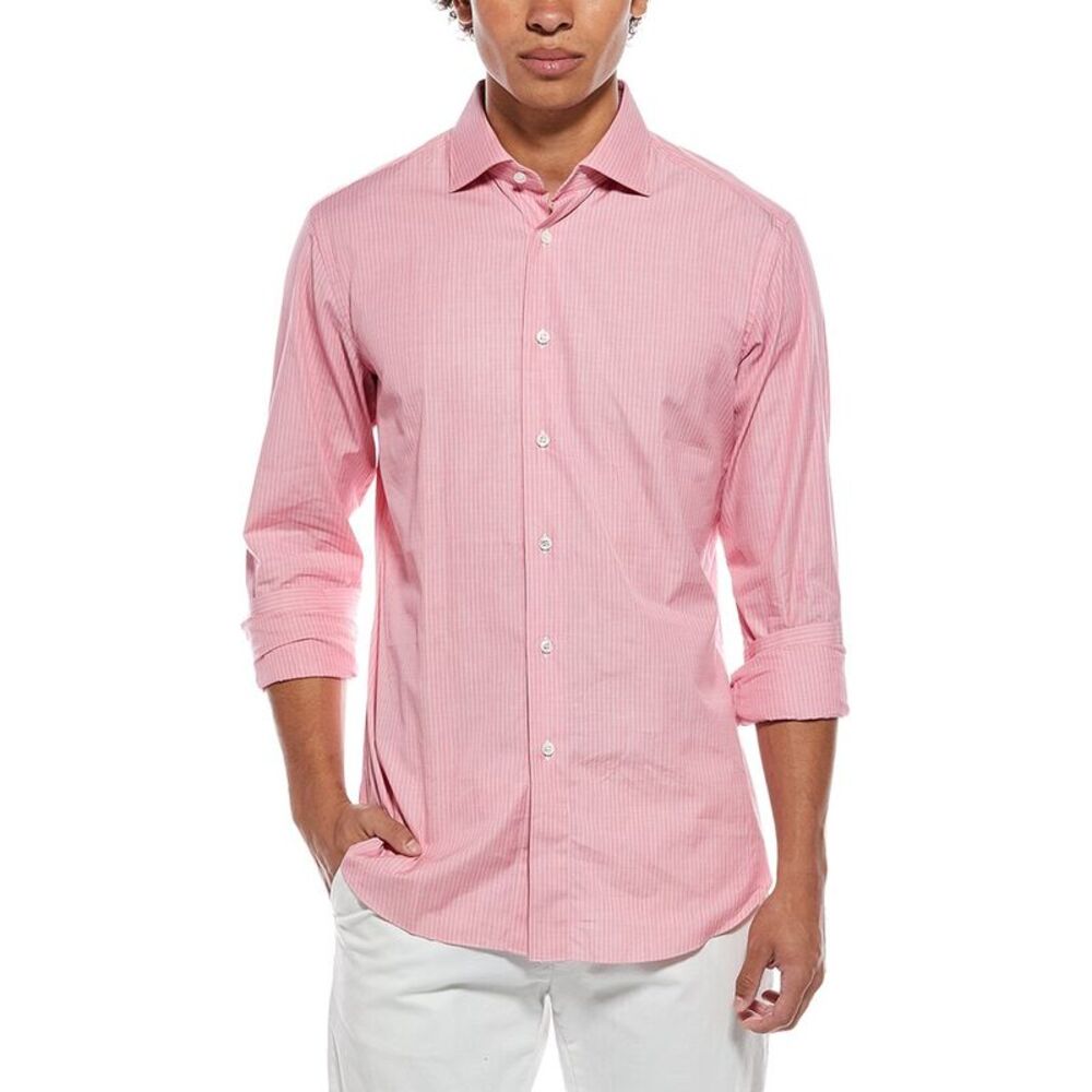 Brioni Mens Slim Fit Stripe Dress Shirt, Red